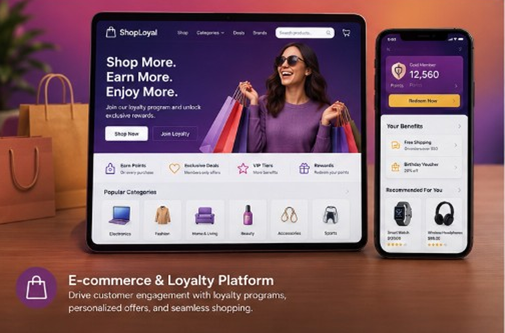 E-commerce storefront interface with product grid, shopping cart, payment step and loyalty rewards panel