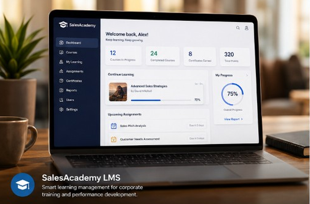 SalesAcademy LMS interface showing course management, learner progress tracking and certifications