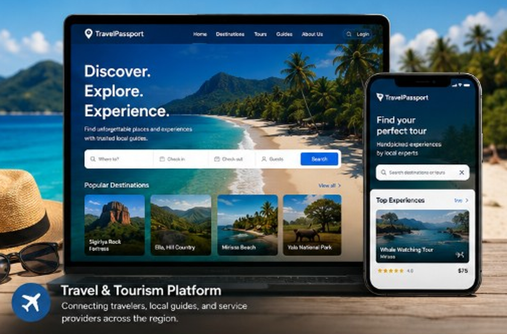 Travel and tourism marketplace interface showing tour listings, a booking calendar and guide profiles